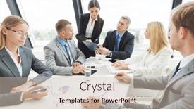  Presentation with team - Presentation design with business-people-team-at-briefing background and a soft green colored foreground