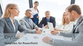  Presentation with statistics - Slide deck having business-people-team-at-briefing background and a light blue colored foreground