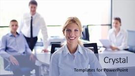  Presentation with business group meeting - Cool new theme with business people team group backdrop and a light blue colored foreground