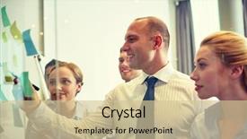  Presentation with team planning - Colorful presentation design enhanced with business people teamwork and planning concept - smiling business team with marker and stickers working in office backdrop and a soft green colored foreground