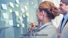  Presentation with team planning - Presentation theme featuring business people teamwork and planning concept - smiling business team with marker and stickers working in office background and a seafoam green colored foreground