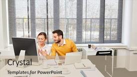  Presentation with teamwork cooperation - Beautiful slides featuring business people teamwork with computer backdrop and a  colored foreground