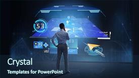  Presentation with virtual technology - Amazing PPT theme having business people technology and innovation backdrop and a ocean colored foreground