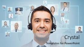  Presentation with information and communication technology in service delivery - Amazing theme having business people technology and service backdrop and a light blue colored foreground