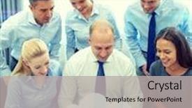  Presentation with virtual team - Colorful presentation theme enhanced with business people technology and teamwork concept - smiling business team with laptop computer and virtual projection working in office backdrop and a light gray colored foreground