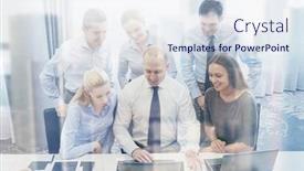  Presentation with computers - Cool new presentation theme with business people technology and teamwork concept - smiling business team with laptop computers working in office backdrop and a sky blue colored foreground