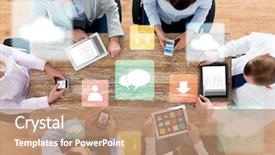  Presentation with team work - Audience pleasing PPT theme consisting of business people technology media and team work concept - close up of creative team with smartphones and tablet pc computers sitting at table in office backdrop and a coral colored foreground