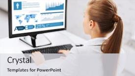  Presentation with technology education - Amazing slide deck having business people technology statistics backdrop and a light gray colored foreground