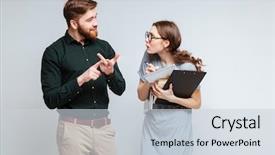  Presentation with female l leader - Theme with business people ugly - bearded man lists something background and a  colored foreground