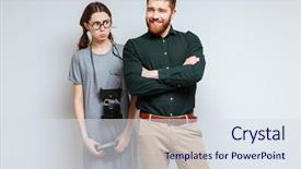  Presentation with collage of retro camera - Cool new theme with business people ugly - female nerd in eyeglasses backdrop and a  colored foreground