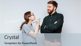  Presentation with female empowerment - Slide set featuring business people ugly - female nerd in funny eyeglasses background and a light blue colored foreground