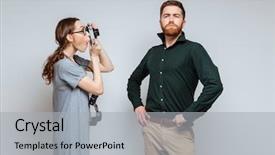  Presentation with collage of retro camera - PPT layouts with business people ugly - female nerd making photo background and a  colored foreground