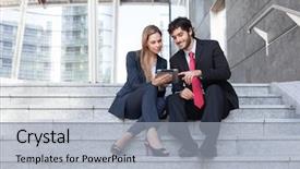  Presentation with using digital tablet - Audience pleasing PPT theme consisting of business people using a digital backdrop and a light gray colored foreground