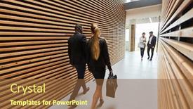  Presentation with lounge - PPT theme having business-people-walk-through background and a tawny brown colored foreground