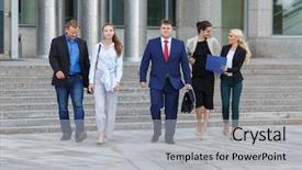  Presentation with five business people standing together and smiling - PPT layouts having business people walking down street background and a light gray colored foreground