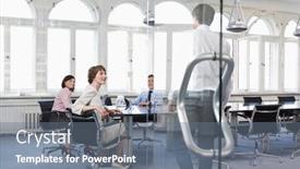  Presentation with people - Colorful presentation design enhanced with business-people-watching-colleague-entering backdrop and a gray colored foreground