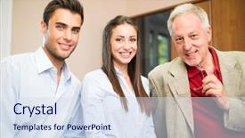  Presentation with work family - Slides having business people wearing informal dresses background and a sky blue colored foreground