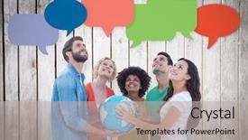  Presentation with young business people - PPT theme having business people with a globe background and a  colored foreground