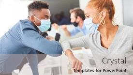  Presentation with masks - Beautiful presentation design featuring business-people-with-everyday-masks backdrop and a lemonade colored foreground