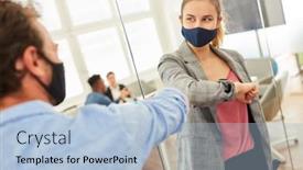  Presentation with masks - Amazing slide set having business-people-with-everyday-masks backdrop and a light blue colored foreground