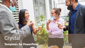  Presentation with eat - Slide set having business-people-with-face-mask background and a violet colored foreground