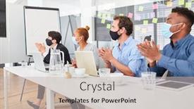  Presentation with face masks - Audience pleasing presentation theme consisting of business-people-with-face-masks backdrop and a soft green colored foreground