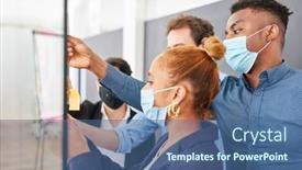  Presentation with face masks - Amazing PPT theme having business-people-with-face-masks backdrop and a ocean colored foreground