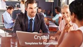  Presentation with business laptop globe satellite - Cool new slide deck with business people with laptop meeting backdrop and a red colored foreground