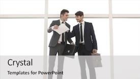  Presentation with five business people standing together and smiling - Presentation theme having business people with leather briefcases background and a light gray colored foreground