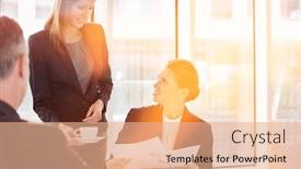  Presentation with paperwork - Colorful slide deck enhanced with business people with paperwork during coffee break backdrop and a coral colored foreground