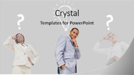  Presentation with question marks - Audience pleasing presentation design consisting of business people with question backdrop and a light gray colored foreground