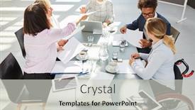  Presentation with meeting table - Audience pleasing PPT theme consisting of business-people-with-woman backdrop and a light gray colored foreground