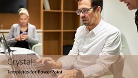  Presentation with computer software - Presentation theme featuring business-people-work-together background and a coral colored foreground