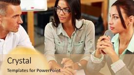  Presentation with people - Colorful theme enhanced with business people working around table backdrop and a coral colored foreground