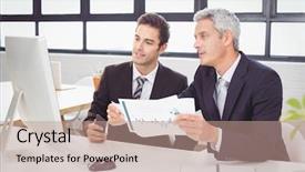  Presentation with business office desk - Slide set consisting of business people working at computer desk in office background and a coral colored foreground