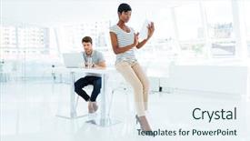  Presentation with young business people - Cool new slide deck with business people working in team backdrop and a  colored foreground