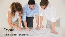  Presentation with business office desk - Cool new PPT theme with business people working on blueprint on desk in office backdrop and a soft green colored foreground