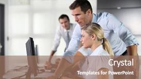  Presentation with computer - Audience pleasing PPT layouts consisting of business people working on computer backdrop and a coral colored foreground