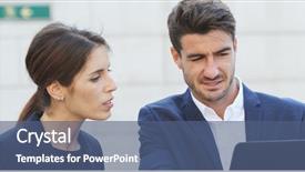  Presentation with computer - Cool new PPT theme with business people working on laptop backdrop and a ocean colored foreground