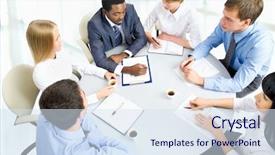  Presentation with diverse business people - Audience pleasing presentation theme consisting of business people working together backdrop and a sky blue colored foreground