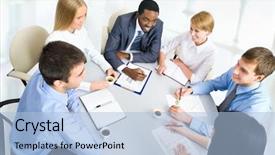  Presentation with diverse business people - PPT theme with business people working together a diverse work group background and a light blue colored foreground