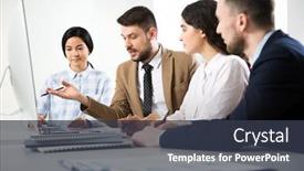  Presentation with working together - Slide deck having business-people-working-together background and a tawny brown colored foreground