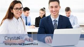  Presentation with computer - Cool new PPT layouts with business-people-working-with-computer backdrop and a teal colored foreground