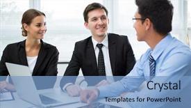  Presentation with business training - Audience pleasing presentation design consisting of human resource training - business people working with laptop backdrop and a teal colored foreground