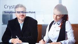  Presentation with office - Presentation having business-peple-in-the-office background and a sky blue colored foreground