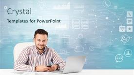  Presentation with front desk - Amazing slide deck having business person at front desk with workflow concept backdrop and a sky blue colored foreground