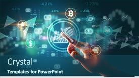  Presentation with touch screen - PPT theme consisting of business-person-hand-pushing-currency background and a ocean colored foreground