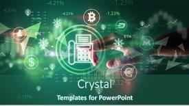  Presentation with touch screen - PPT theme having business-person-hand-pushing-currency background and a ocean colored foreground