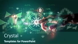  Presentation with touch screen - PPT theme enhanced with business-person-hand-pushing-currency background and a ocean colored foreground