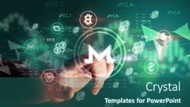  Presentation with touch screen - Presentation with business-person-hand-pushing-currency background and a ocean colored foreground